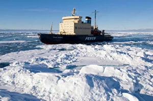 Aerial Views Canvas Print Collection: The icebreabker Kapitan Khlebnikov cruising through broken pack ice Greenland Sea