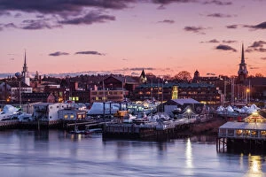 Dusk Collection: USA, Massachusetts, Newburyport, skyline from the Merrimack River at dusk