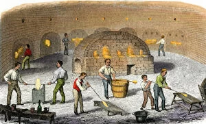 Labour Collection: Blowing glass in a British factory, 1800s