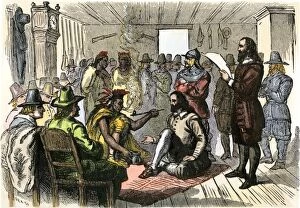 Puritan Collection: Chief Massasoit pledges friendship with Plymouth Pilgrims