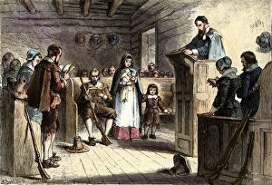 Child Collection: Plymouth colonists in church, 1620s