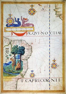 Americas Fine Art Print Collection: BRAZIL: MAP AND NATIVE INDIANS. Portuguese map of Brazil, 1565, depicting a family of native Indians