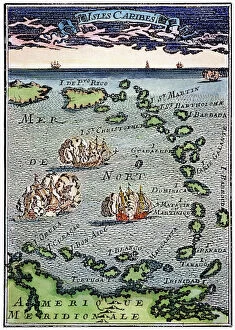 Wood Cut Collection: CARIBBEAN MAP. A map of the Caribbean islands: woodcut, French, c. 1688