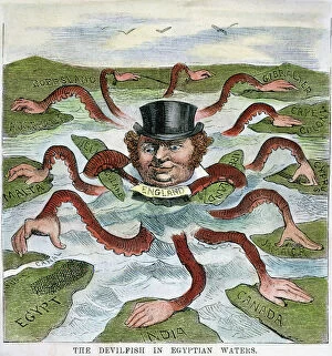 Symbol Collection: The Devilfish in Egyptian Waters. An American cartoon from 1882 depicting John Bull (England)