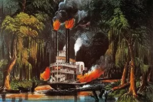 Steam Collection: LOUISIANA: STEAMBOAT, 1865. Through the Bayou by Torchlight. Lithograph, c1865