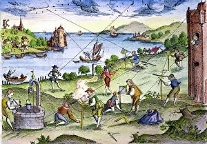 Surveyor Collection: SURVEYORS. Surveyors at work on land and sea. Colored German engraving, 1594