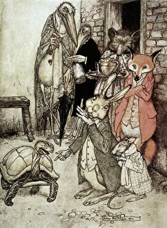 Literature Cushion Collection: The Tortoise and the Hare. Illustration by Arthur Rackham (1867-1939) for Aesops fable