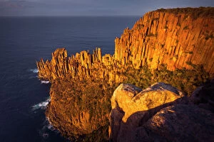 Tasmania (TAS) Collection: Cape Raoul`s sea cliffs of Dolerite at sunrise, Tasman National Park, Tasmania, Australia