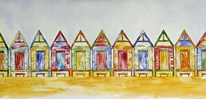 Beach Hut Collection: Colorful Beach Shacks in a Row Pen and Wash Painting