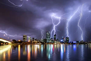 Western Australia (WA) Collection: Lightning strikes over the skyline of Perth Western Australia