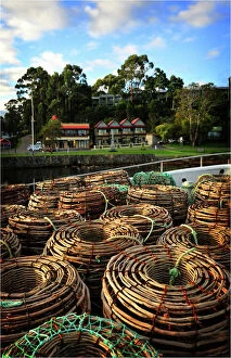 Australasia Collection: Lobster pots stacked on the Strahan wharf, west coastline of Tasmania