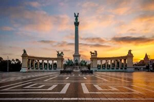 Sculptures Collection: Sunrise at Heros Square, Budapest, Hungary