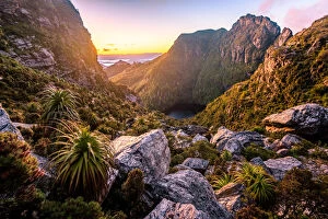 Viktor Posnov Travel Photography Greetings Card Collection: View to Lake Tahune from Franchmens Cap at sunrise. Tasmania