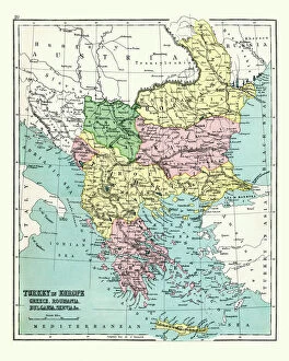 Greece Pillow Collection: Antique map of Greece, Romania, Bulgaria, 1897, late 19th Century