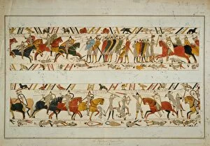 Normandy invasion Collection: Bayeux Tapestry Scene - King Harolds brothers Gyrth and Leofwine are killed