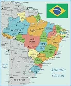 Related Images Fine Art Print Collection: Brazil Map with Rivers and National Flag