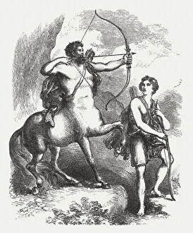 Bow And Arrow Collection: Chiron teaching Achilles, Greek mythology, wood engraving, published in 1880