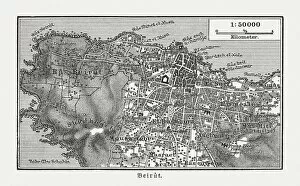 Topography Collection: Historic city map of Beirut, Lebanon, wood engraving, published 1897