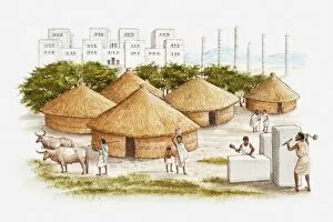 Watercolor illustrations Greetings Card Collection: Illustration of ancient East African city of Axum showing people working marble in the foreground