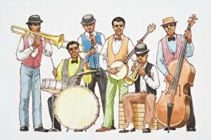 Musician Collection: Illustration, jazz band, six men wearing bow ties and waistcoats playing trumpet, trombone, drums