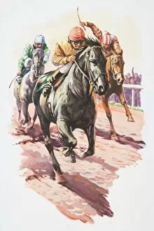 Horse Racing Poster Print Collection: Three jockeys fighting to come in first, front view
