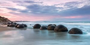 Majestic historic structures Cushion Collection: Landscape: Moeraki boulders at sunset, Otago peninsula, New Zealand