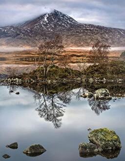 Landscape paintings Metal Print Collection: Loch na h-Achlaise Reflections, Rannoch Moor Scotland