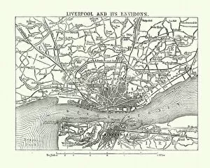 Liverpool Cushion Collection: Map of Liverpool and its environs, England, 1870s