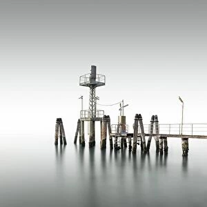 Minimalist art Poster Print Collection: Minimalist wooden footbridge in fog in the Venice Lagoon, Italy