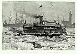 River Mersey Photographic Print Collection: Passenger ferry crossing the frozen River Mersey, Liverpool, Cold Weather, Victorian, History