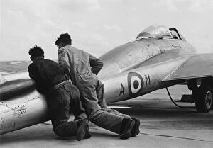 Military Collection: RAF De Havilland Vampire being pushed into position ready for take-off