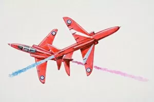 Aerospace Industry Collection: Red jets flying in formation spewing coloured smoke behind them