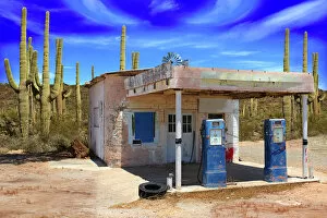 Construction Industry Collection: Retro Style Desert Scene with Old Gas Station and Saguaro Cactus