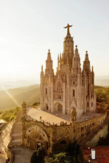 Copy Space Collection: Sagrat Cor church at Tibidabo mountain at sunset, Barcelona, Catalonia, Spain