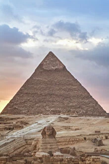 Majestic historic structures Photo Mug Collection: Sunset, Sphinx (foreground), The Pyramid of Chephren (background), The Pyramids of Giza