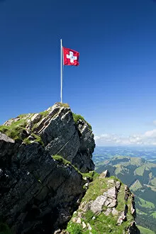 Landscape paintings Jigsaw Puzzle Collection: Swiss flag on a mountain in the Alpstein Range, Appenzell, Switzerland, Alps, Europe