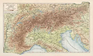 Maps Fine Art Print Collection: Topographic map of the European Alps, lithograph, published in 1897