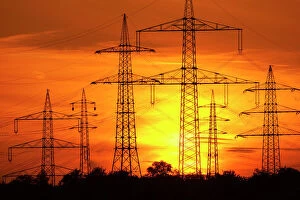 Electricity Supply Collection: Transmission lines, overhead line towers, with setting sun, Beinstein in Stuttgart