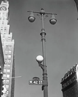 Related Images Mouse Mat Collection: USA, New York, New York City, lamp post on West 42nd Street, low angle view