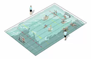 Digitally Generated Collection: Water polo players in swimming pool, referees on either side