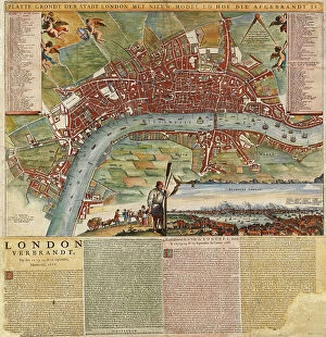 Maps Collection: A Dutch map showing areas devastated by the Great Fire of London, 1666, 17th century (manuscript)