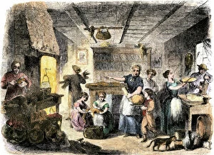 Thanksgiving Collection: Family preparing Thanksgiving dinner, United States, 1850. 19th century coloring engraving