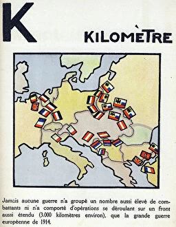 Maps Canvas Print Collection: First World War 1914-1918 (14-18): Letter K as kilometre. Map of countries at war extending over