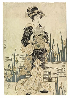 Water Garden Collection: Lady bijin reading paper on a bridge, c. 1811-17 (colour woodcut)