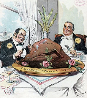 Thanksgiving Collection: Mark Hanna about to carve a large turkey labelled Presidency, 1896