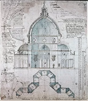 Cathedrals Fine Art Print Collection: Plan and cut of the dome of the Cathedral of Florence, 16th century (drawing)