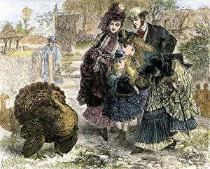 Thanksgiving Collection: Population of America: Big turkey admires by a family just before Thanksgiving, USA, 1870's