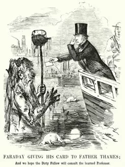 Cartoon Poster Print Collection: Punch cartoon: Faraday Giving His Card to Father Thames (engraving)