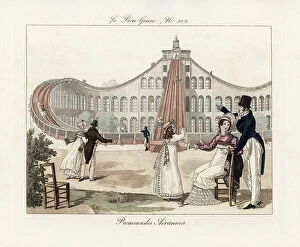 France Collection: Rollercoaster in the Jardin Baujon, early 19th century. Fashionable society enjoying the ' aerial