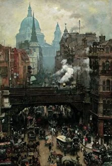 Steam Trains Metal Print Collection: St. Paul's and Ludgate Hill, c. 1887 (oil on canvas)